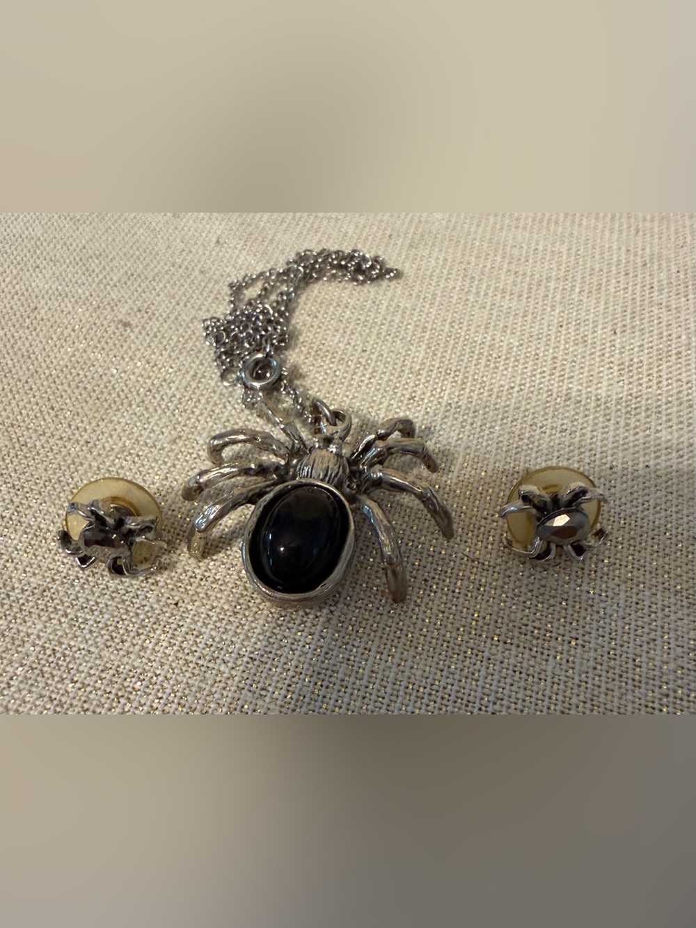 Silver Spider Pendant Necklace with Black Stone With Matching Earrings